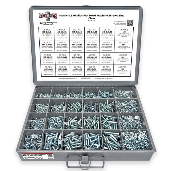 Boltsandnuts.Com Metric Flat Machine Screws Zinc Clear Assortment - 3371 PCS Assortment Kit #378 - main